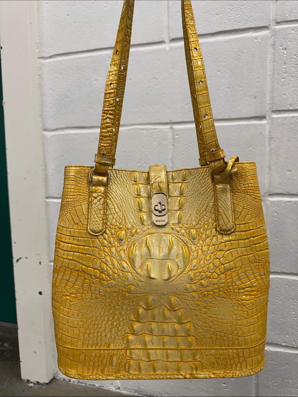 Brahmin “Fiora Lemon Drop” Yellow Croc-Embossed Leather Shoulder Tote